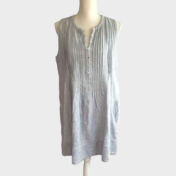Faherty Isha Dress Blue Mini Stripe Linen Sleeveless V Neck Size Medium Pockets - Picture 3 of 13